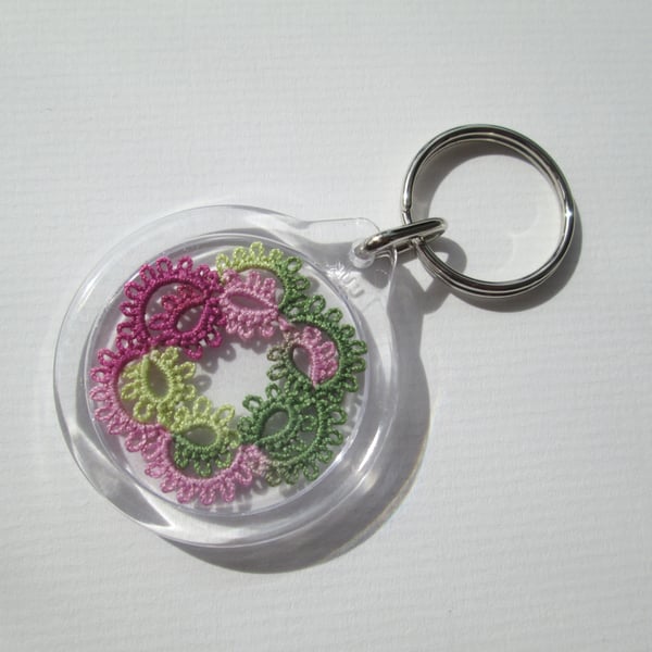 Green and pink Tatted key-ring 