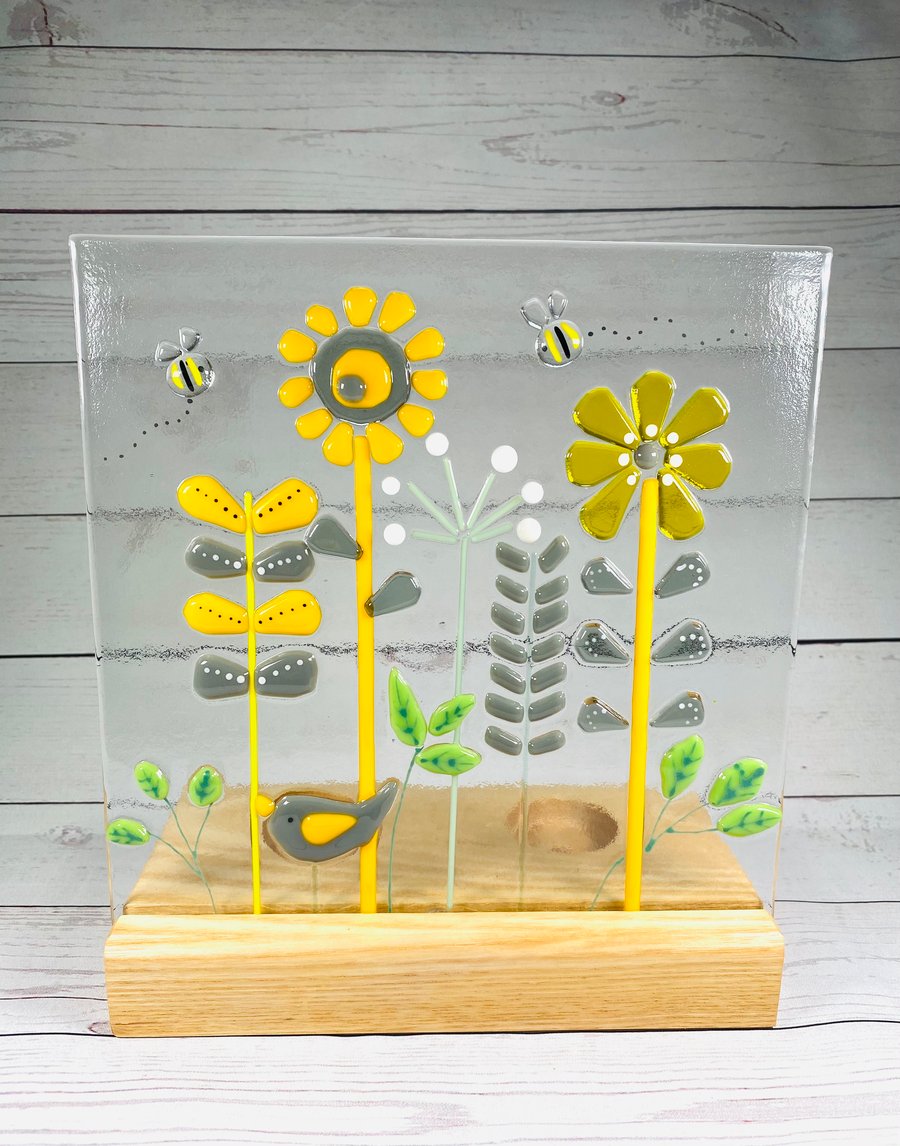Retro inspired fused glass art panel , candle holder