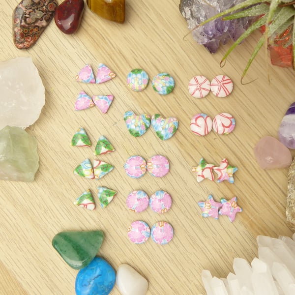 Winter Folks Art Inspired Polymer Clay Studs, Pink Blue Yellow, Hearts Flowers