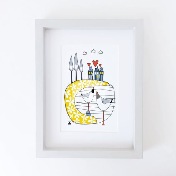 Safe Harbour, Giclee illustration of harbour with houses and seagulls