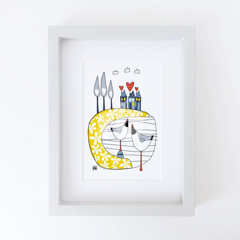 Safe Harbour, Giclee illustration of harbour with houses and seagulls