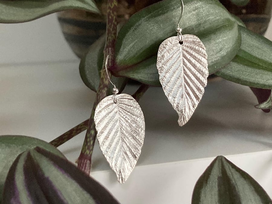 Handmade Fine Silver Beech Leaf Earrings