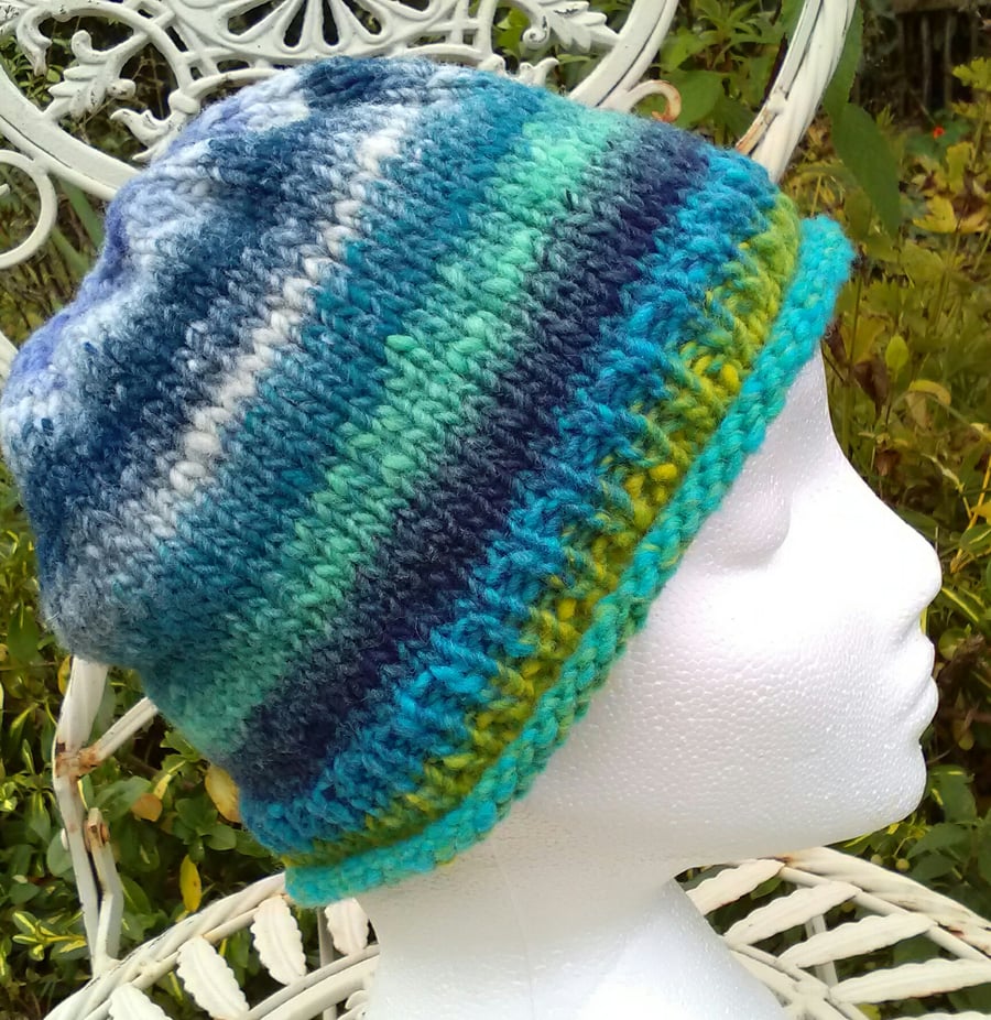 Handknit NORO Roll up Beanie Hat 100% wool blues and greens MED
