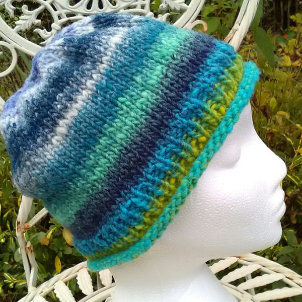 Handknit NORO Roll up Beanie Hat 100% wool blues and greens MED