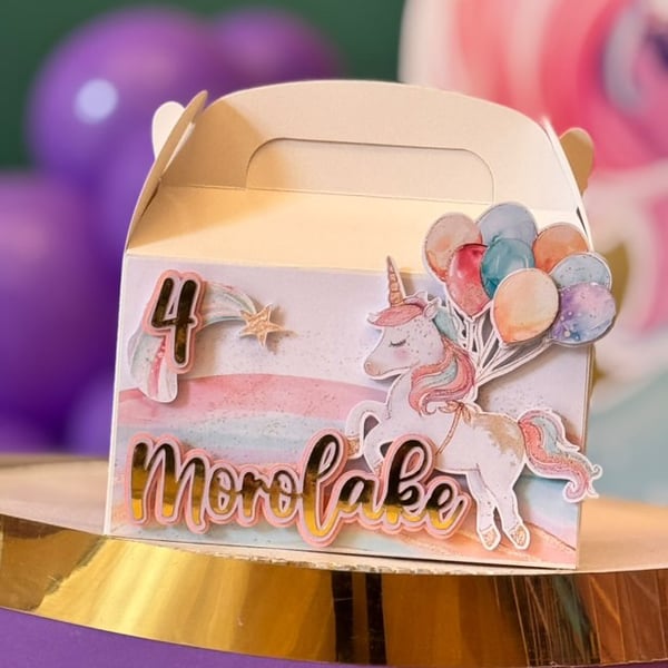 6 Personalised Unicorn party boxes, party bags