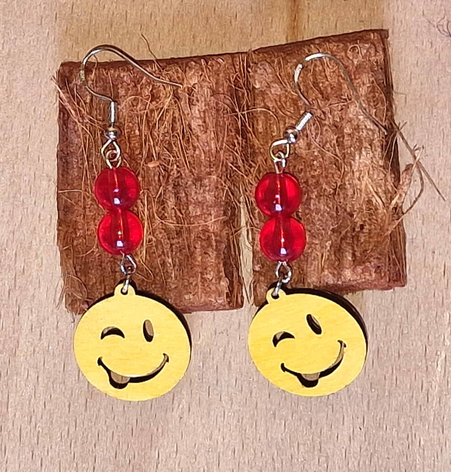 Winking Smiley Face Wood & Red Glass Earrings, Bold Fun Statement Earrings