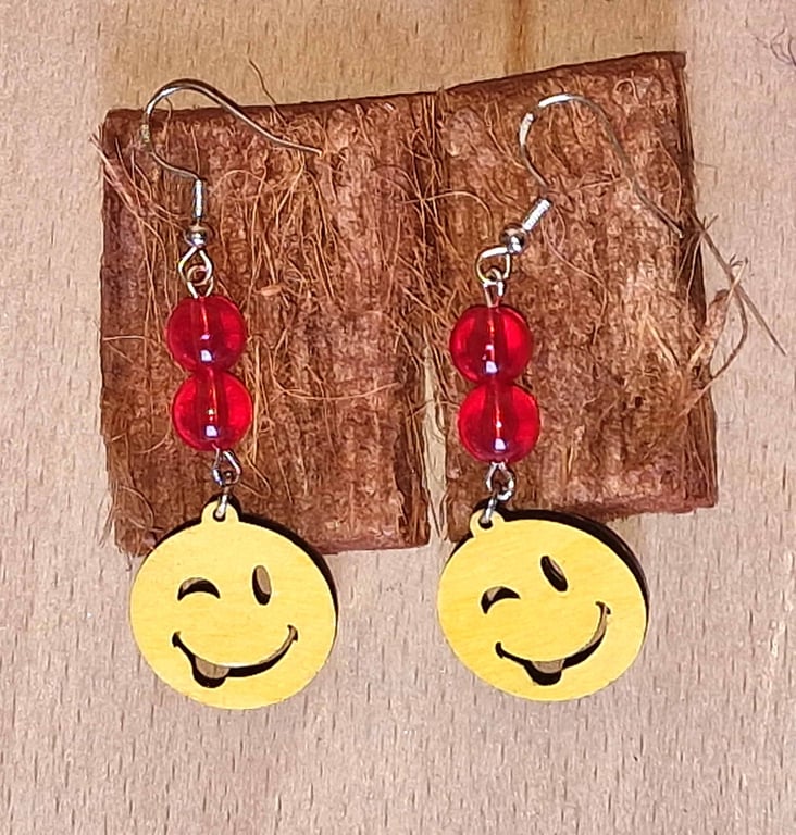 Winking Smiley Face Wood & Red Glass Earrings, Bold Fun Statement Earrings