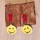Winking Smiley Face Wood & Red Glass Earrings, Bold Fun Statement Earrings