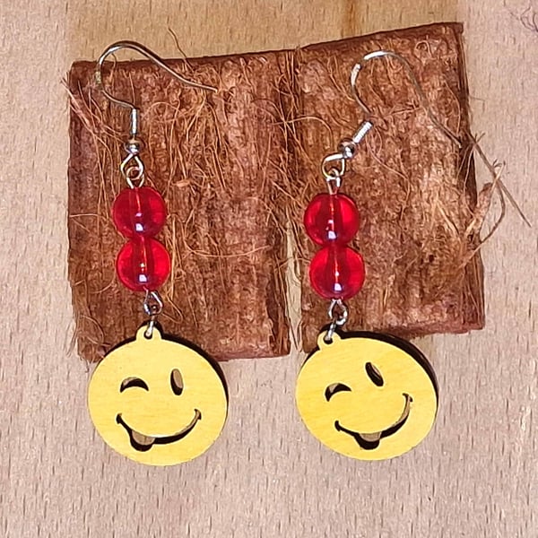Winking Smiley Face Wood & Red Glass Earrings, Bold Fun Statement Earrings