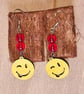 Winking Smiley Face Wood & Red Glass Earrings, Bold Fun Statement Earrings