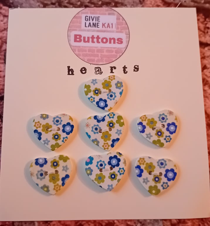 Set of Seven Heart Buttons – Blue and Green Floral Design