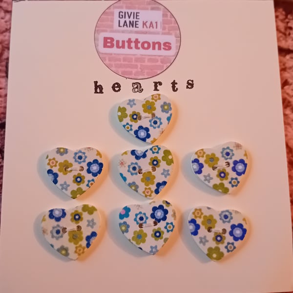 Set of Seven Heart Buttons – Blue and Green Floral Design