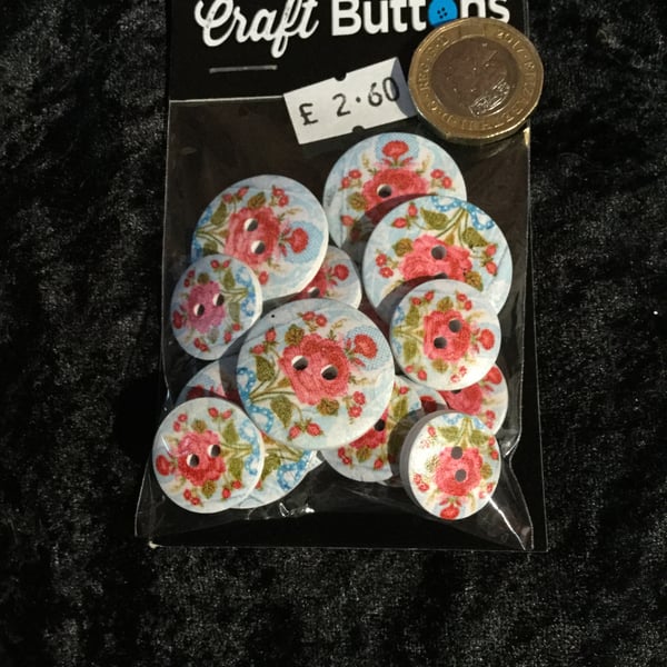 Craft Buttons Red Rose Flower Blue Background (N.1)