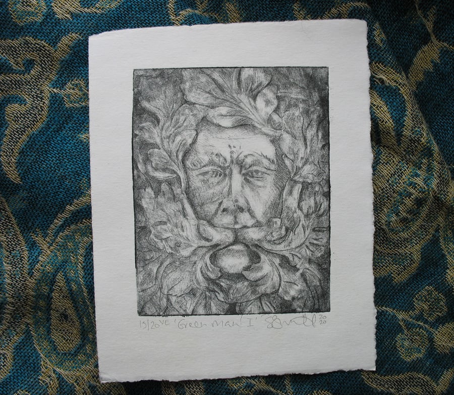 Green Man drypoint etching print