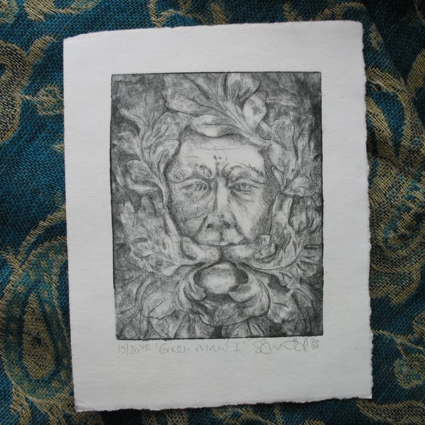 Green Man drypoint etching print