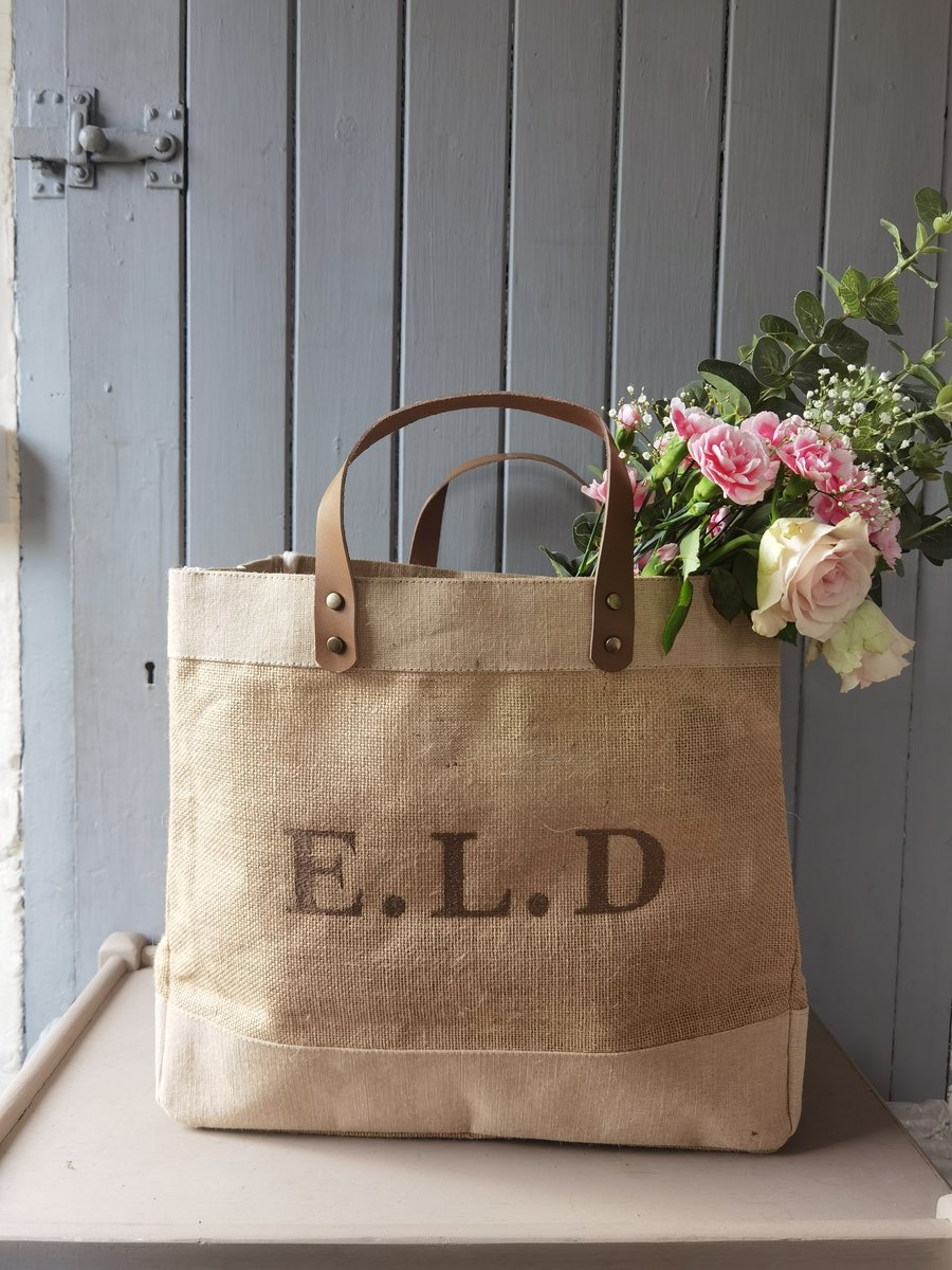 Initial luxury embroidered jute tote bag 