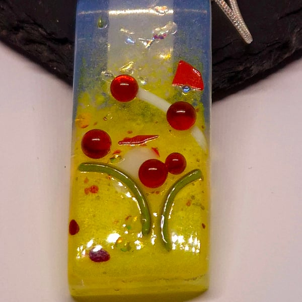 Handmade Fused Opaline Glass Pendant Necklace Poppy-field Red Berries