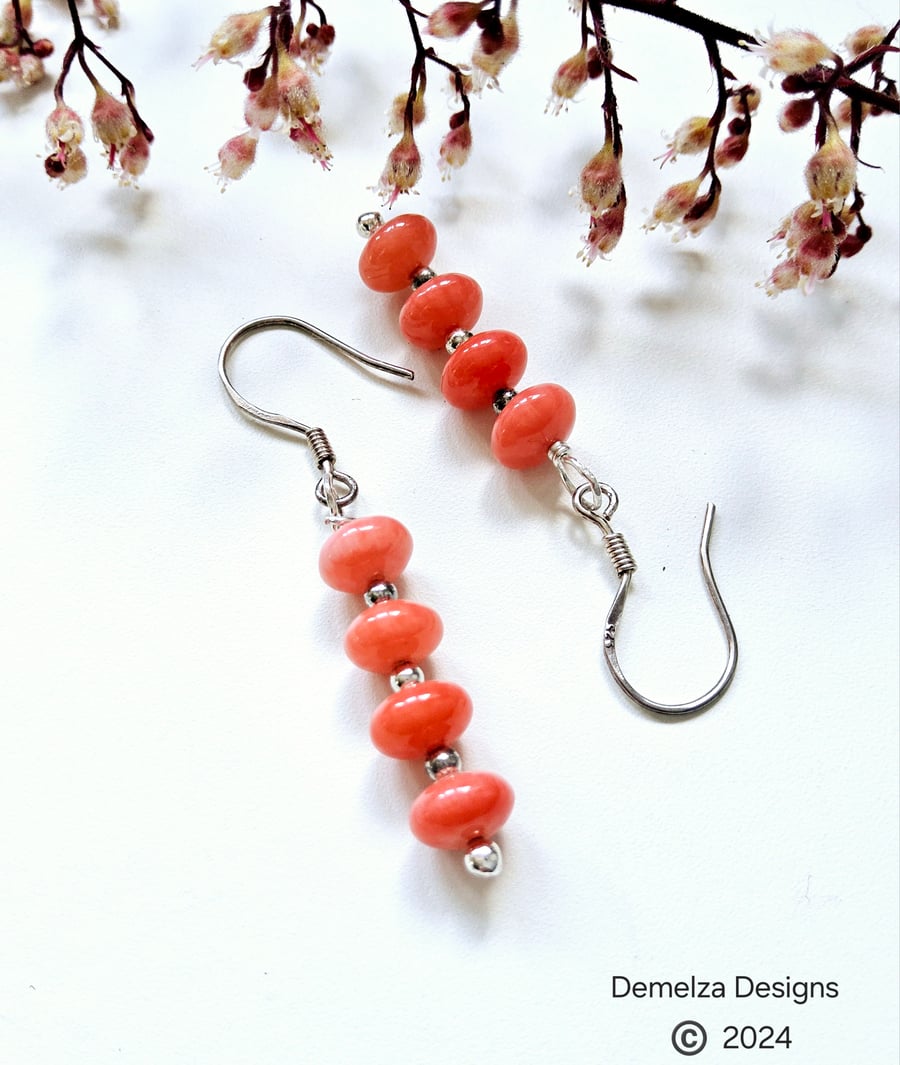 Designer Peach Eco Coral Sterling Silver Earrings 