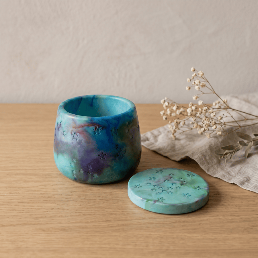 Aurora Borealis Jewellery Box Green and Blue Marbled Handmade Trinket Pot