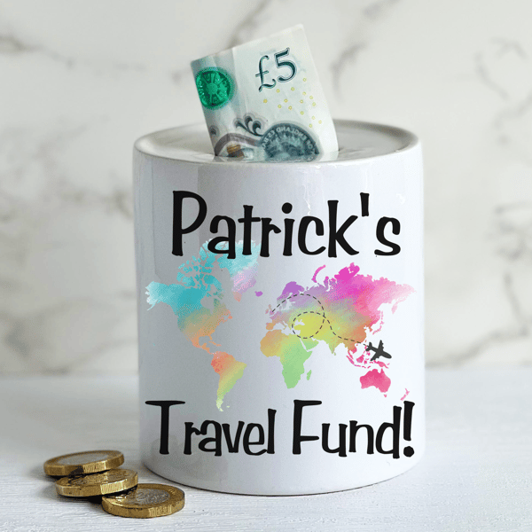 Personalised Ceramic Money Box -Novelty Present-TRAVEL  Fund