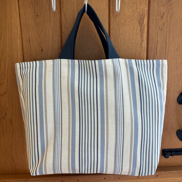 Tote bag, beach bag, short handle shopper in nautical blue stripe