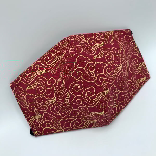 Golden Waves Japanese Burgundy Face Mask. Triple Layers, Reversible, Reusable