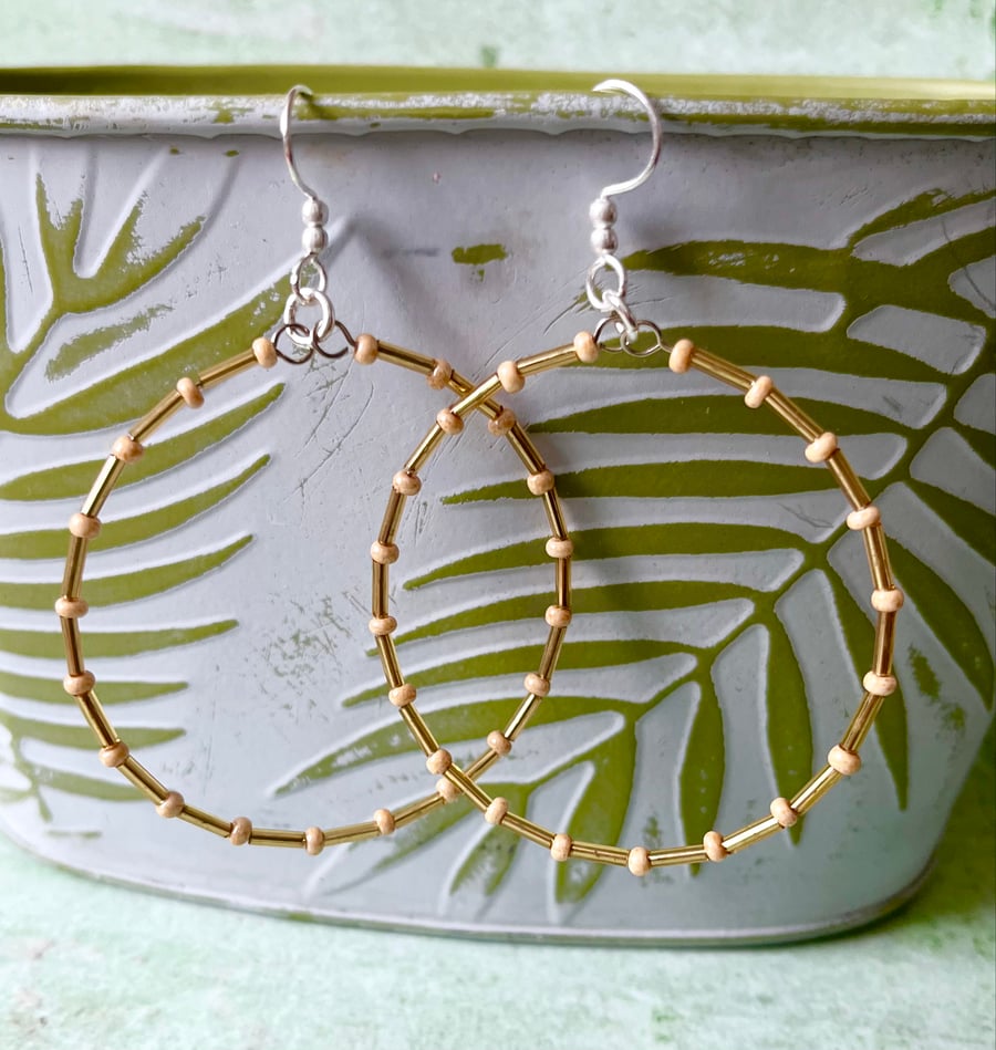 Large Beige & Gold Seed Bead Hoop Earrings - Silver