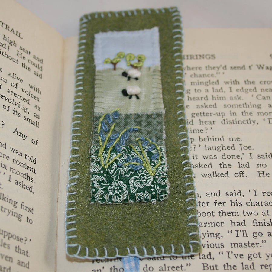 Embroidered Bookmark - Sheep and Bluebells