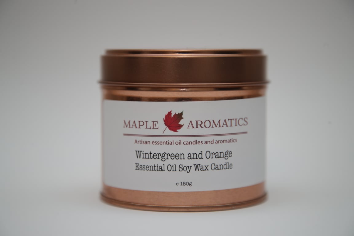 Maple Aromatics Wintergreen and Orange Soy Wax Rose Gold 150g Candle Tin