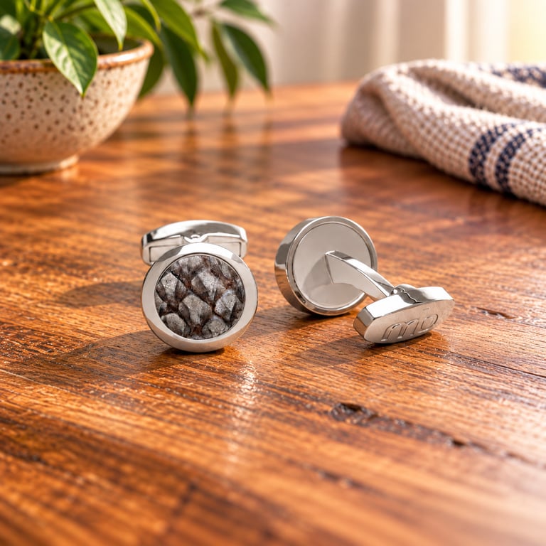 Grey Salmon Leather Cufflinks, Stainless Steel