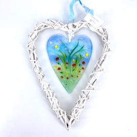 Glass Heart with Delicate Wild Flowers in Wicker Heart on Ribbon