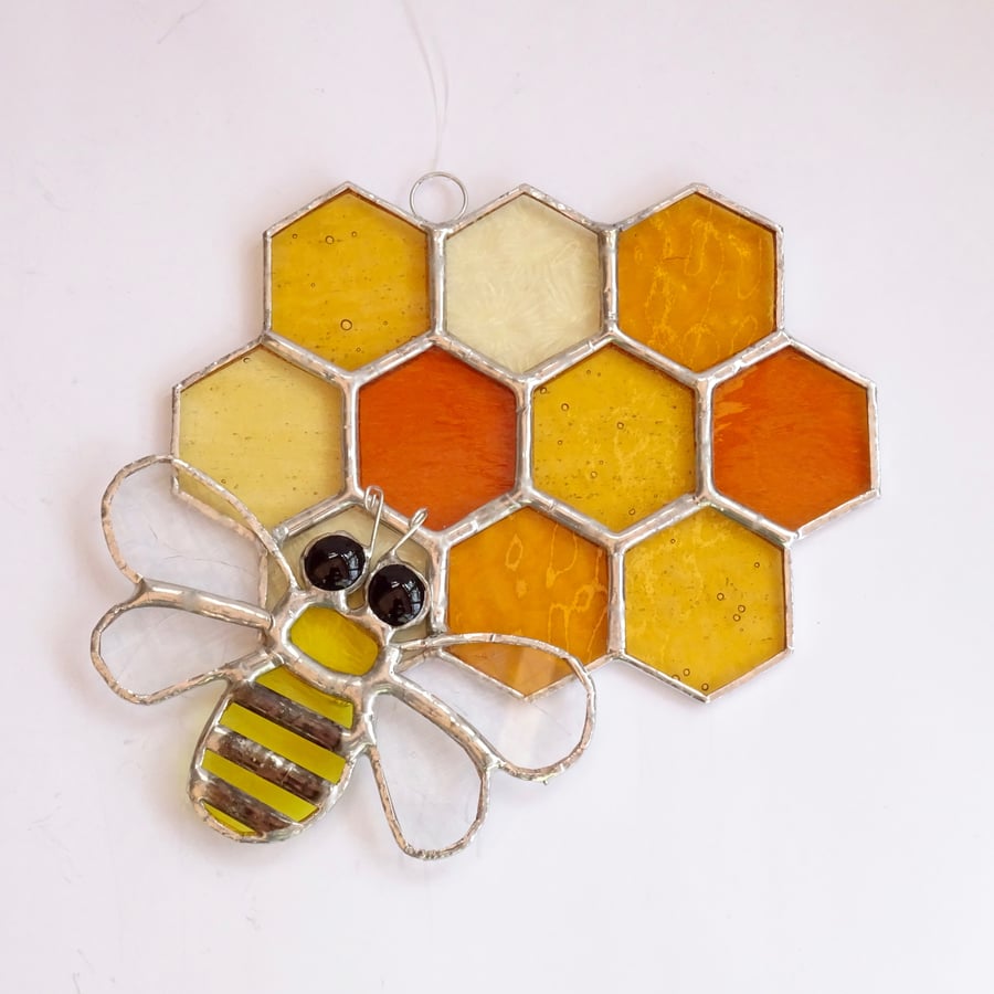 Bee on Honeycomb Stained Glass Suncatcher - Handmade Hanging Decoration