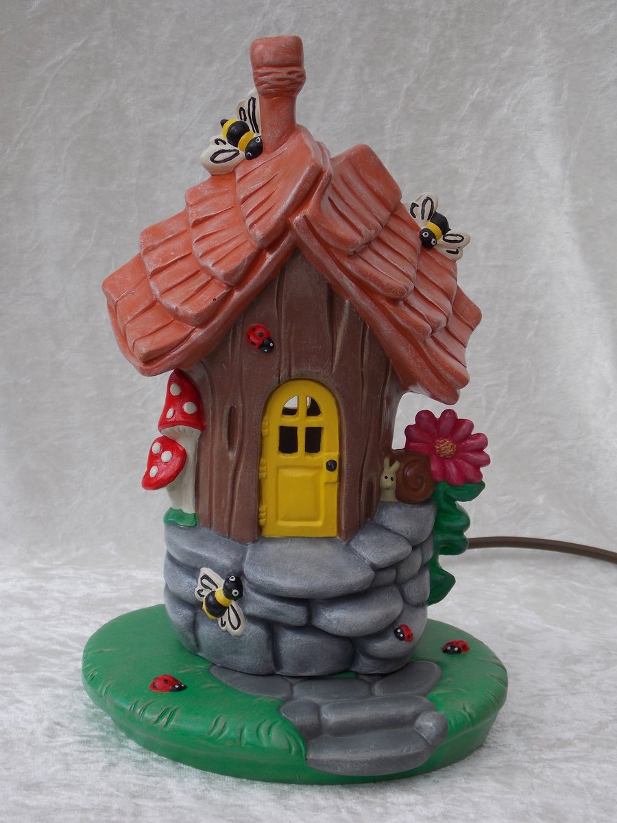 Ceramic Hand Painted Woodland Bumble Bee House Garden Table Lamp.