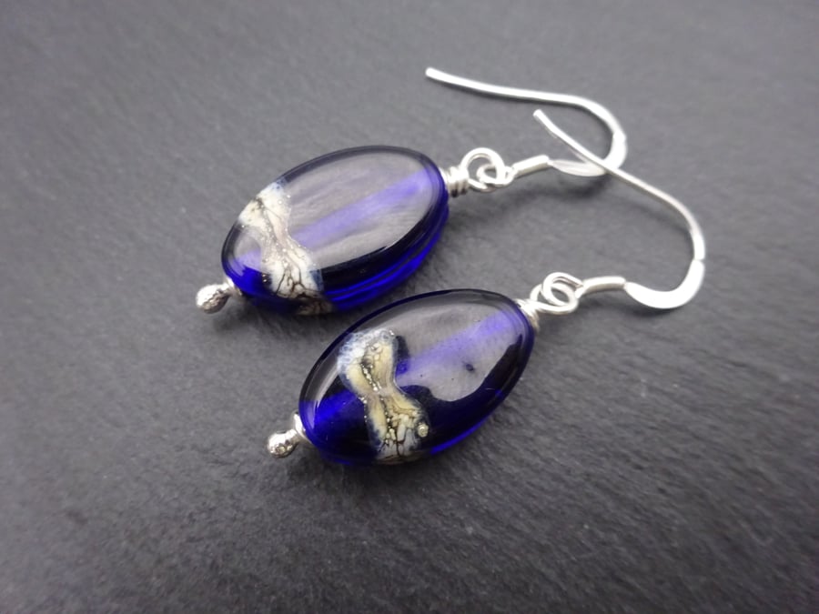 lampwork glass blue earrings, sterling silver jewellery