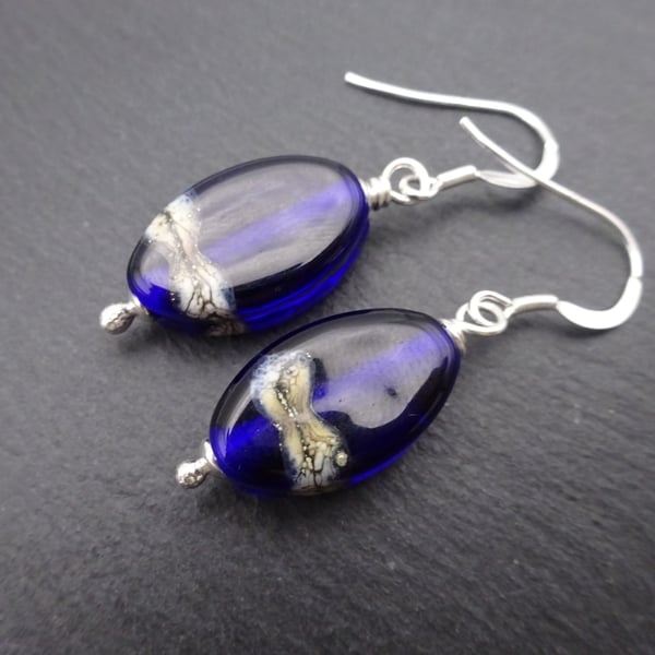 lampwork glass blue earrings, sterling silver jewellery