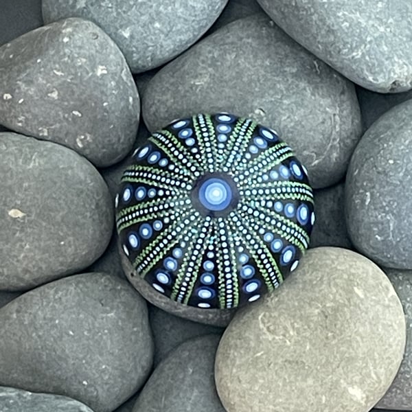 Blue Dot Mandala Sea Urchin Rock Art Stone Acrylic Art Painting Hand Painted