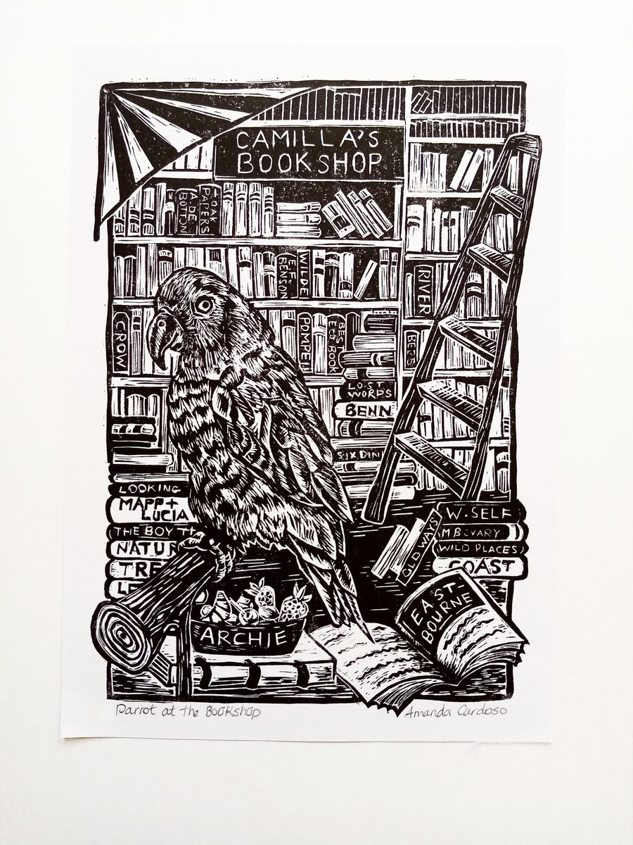 Linocut Parrot Print - Parrot in the Bookshop - Handprinted
