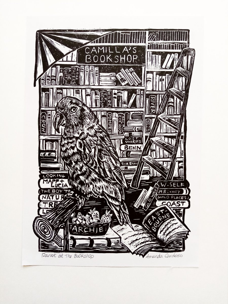 Linocut Parrot Print - Parrot in the Bookshop - Handprinted