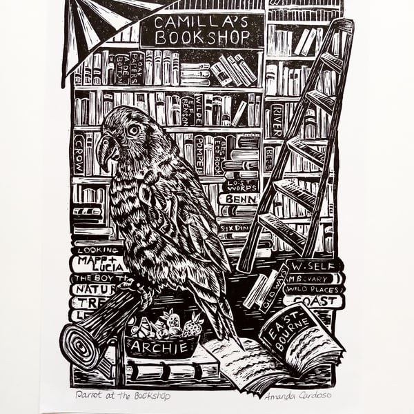 Linocut Parrot Print - Parrot in the Bookshop - Handprinted