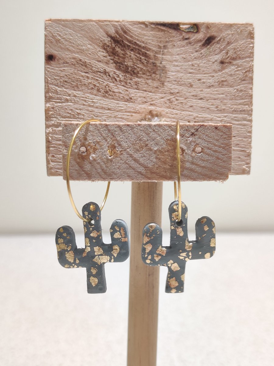 Grey - Gold Cacti hoop earrings