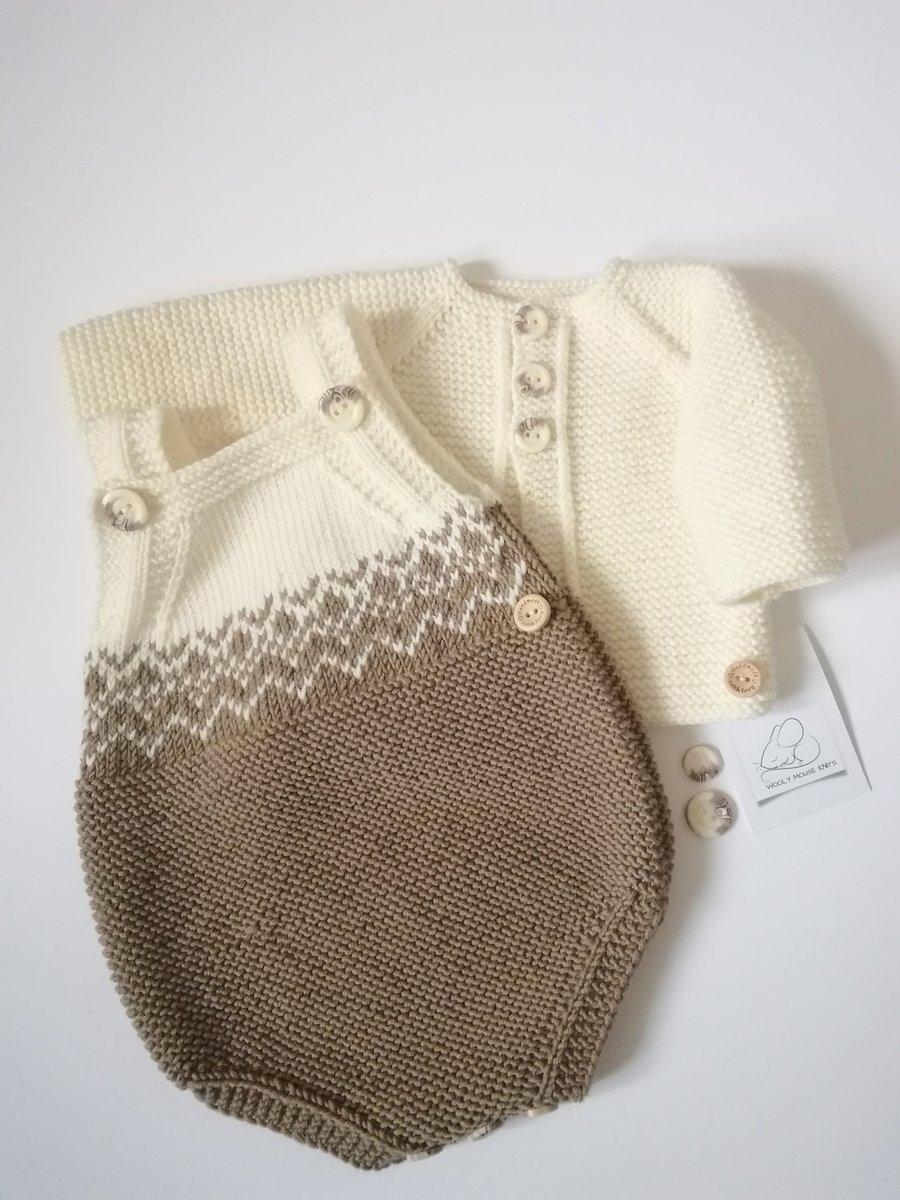 Hand knitted baby romper, babygrow, coverall