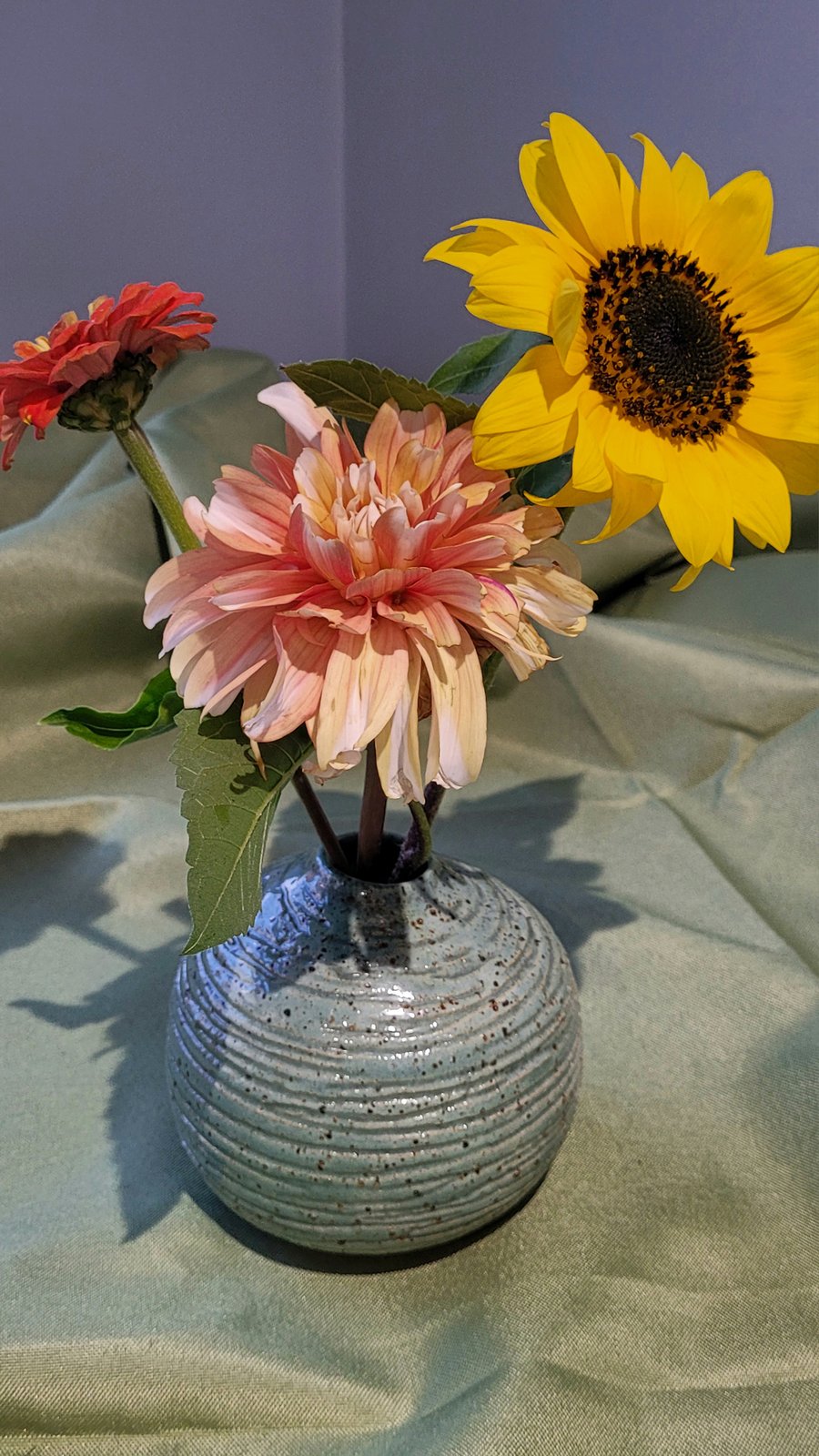 Small speckled green bud vase handmade pottery