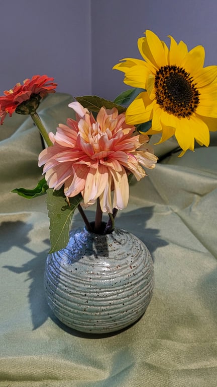 Small speckled green bud vase handmade pottery