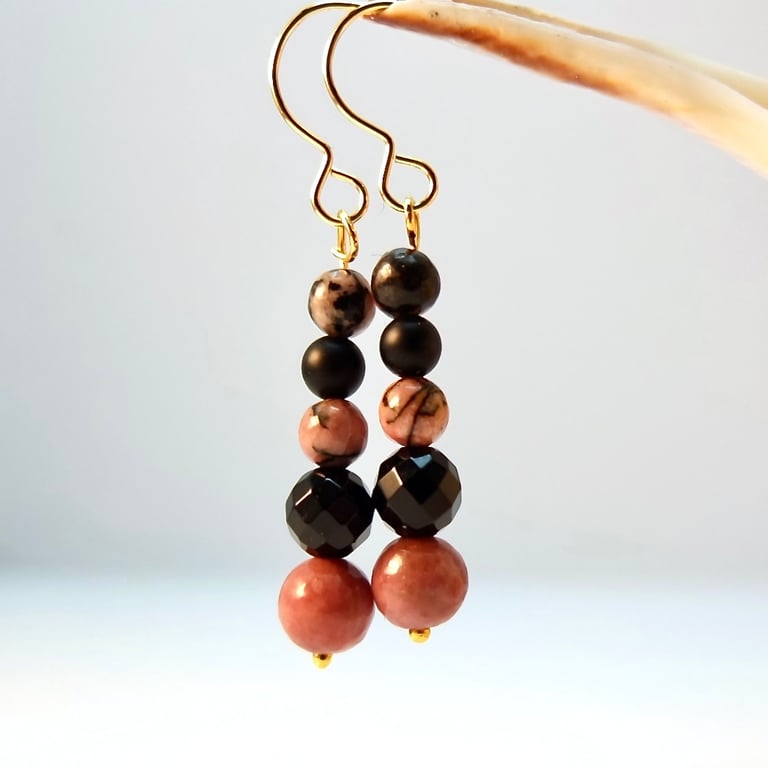 Rhodonite And Black Onyx Earrings - Handmade In Devon - Free UK P&P