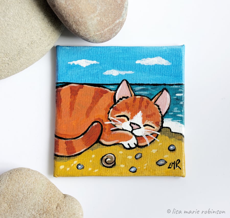 REDUCED - Orange Tabby Cat on the Beach Mini Canvas Magnet