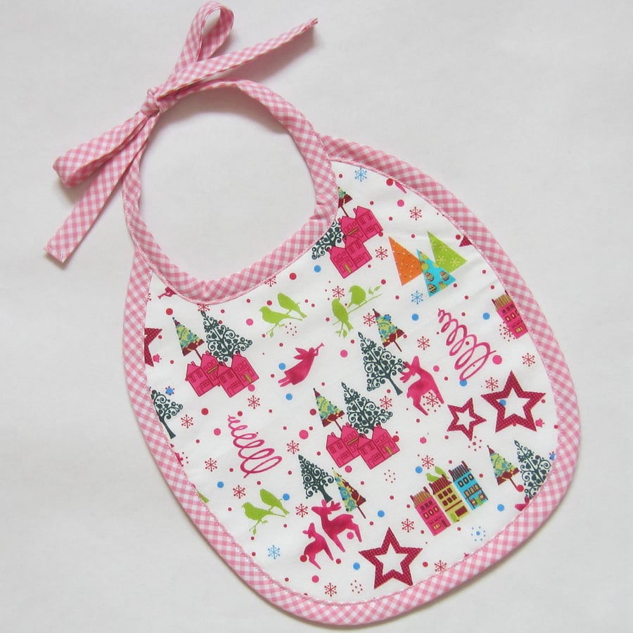 Babies Christmas Pink Stag and Birds Bib