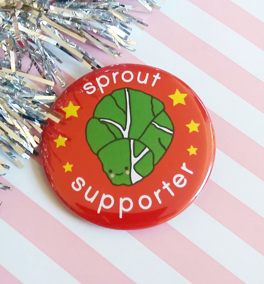 sprout supporter christmas badge, funny christmas pin badge, brussels sprouts
