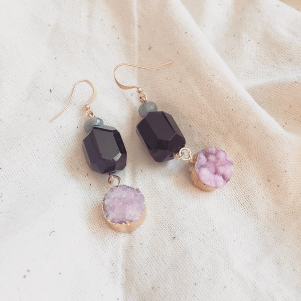 Labradorite Druzy and Onyx Drop Earrings