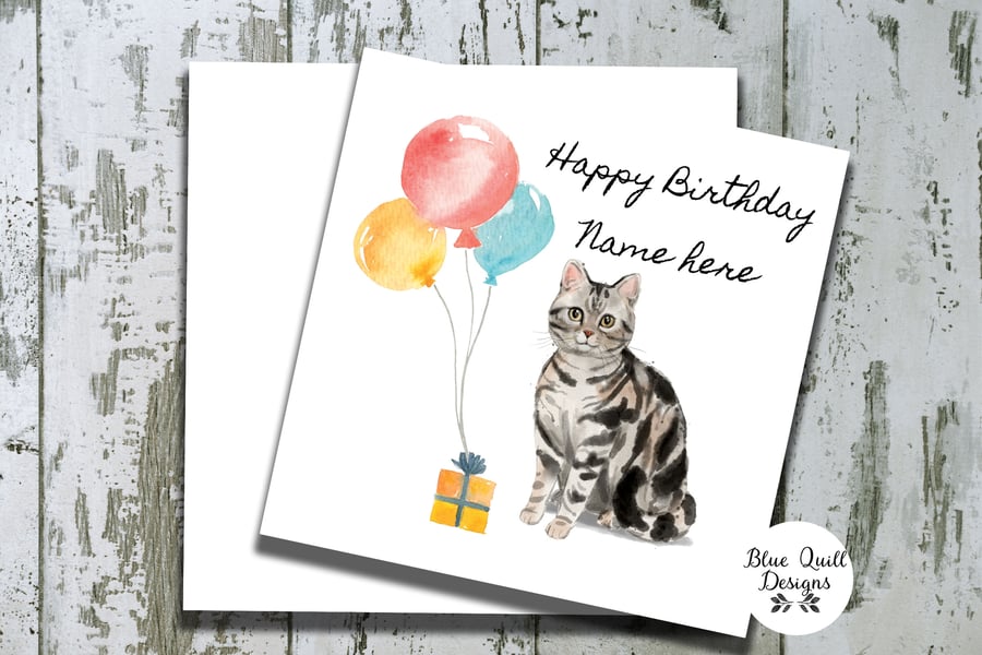  Cat with Balloons Personalised Birthday Card