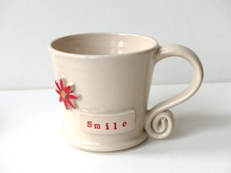 Smile - Flower -  White Mug Ceramic Stoneware Pottery UK Gift Gifts Mugs